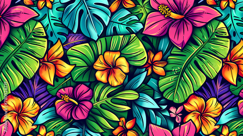 Hawaii Vibrant Aloha colorful pattern with foliage and bright vibrant sunset. enerative ai