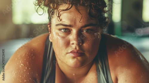 Woman with sweat-soaked skin intense gaze and curly hair captured in a close-up shot possibly after a workout or intense activity.