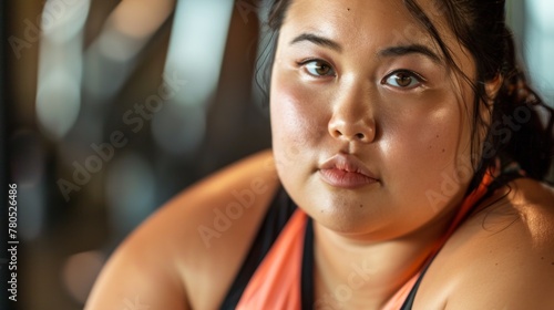 A close-up of a woman with a soft expression wearing a sleeveless top with a blu rred background that suggests an indoor setting. photo