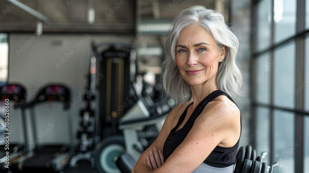 Obraz premium A woman with gray hair wearing a black sports bra standing in a gym with a smile on her face surrounded by various exercise equipment.