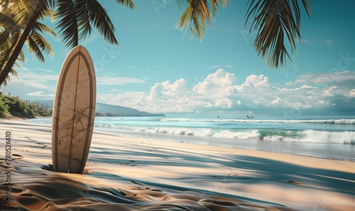 Tavola da Surf sulla spiaggia con le palme
