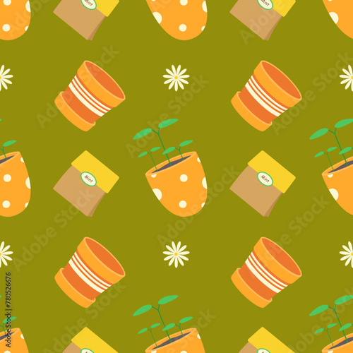 Gardening tools and plants seamless pattern, pots, seeds, seedlings, flowers on a green background.