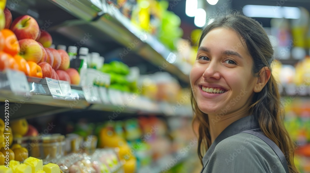 Smiling woman in grocery store aisle surrounded by colorful produce and packaged goods.