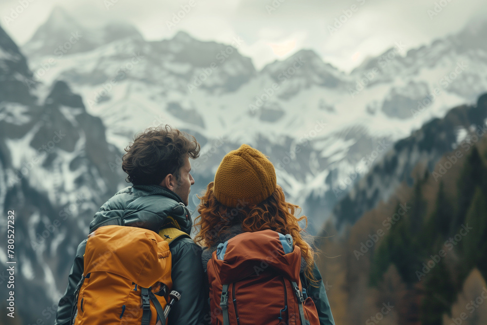 Obraz premium Young married couple traveling in the mountains
