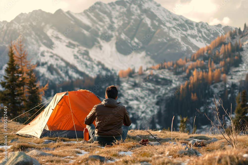 Fototapeta premium A man sits near a tent in the mountains