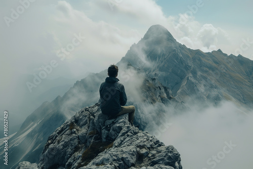 A man sits on a stone. Tourist admiring the mountains