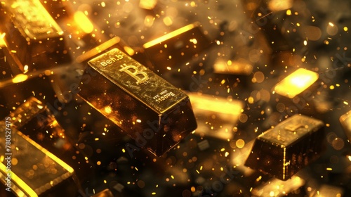 Glowing Gold Bars with Engraved Bitcoin Logo, Amidst Sparkling Particles - Concept of Digital Currency's Value and Fusion with Traditional Gold Investment

