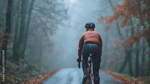 A cyclist in an orange jacket and black helmet riding a bicycle on a misty autumn-colored forest road. © iuricazac