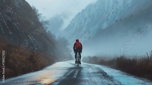 A lone cyclist in a red jacket pedaling down a misty mountain road with steep cliffs on either side. photo