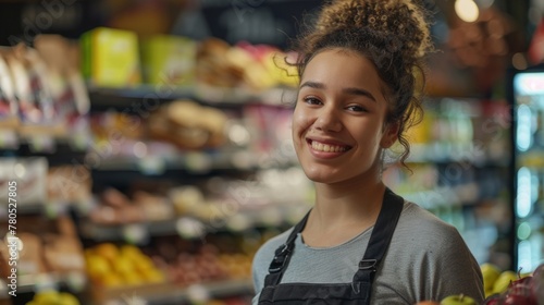 Smiling woman in apron standing in a grocery store aisle with blurred produce in the background.