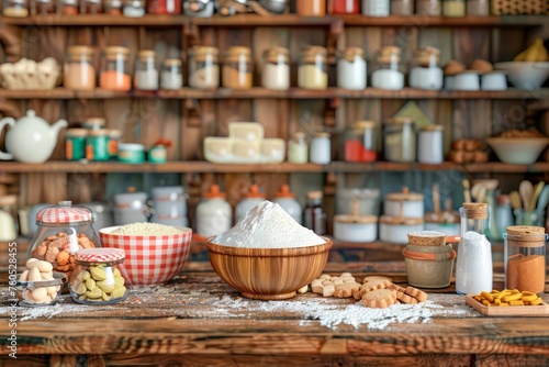 Rustic Kitchen Scene with Fresh Baked Cookies, Assorted Baking Ingredients and Utensils on Wooden Table