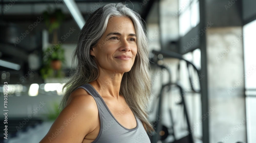A woman with gray hair wearing a tank top standing in a gym with a smile on her face looking to the side. A woman with gray hair wearing a tank top standing in a gym with a smile on her face looking to the side.