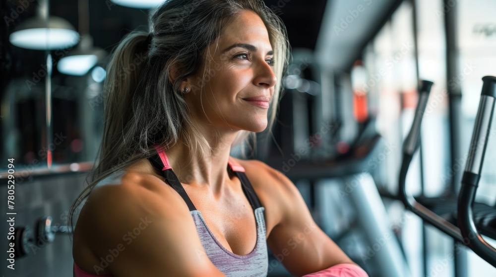 A woman with a smile wearing a pink and gray sports bra looking at a gym mirror with her arms crossed surrounded by gym equipment. A woman with a smile wearing a pink and gray sports bra looking at a gym mirror with her arms crossed surrounded by gym equipment.