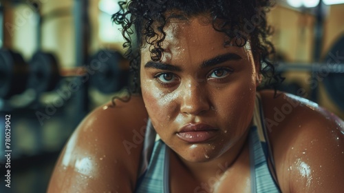 A woman with curly hair sweat glistening on her skin looking directly at the camera with a focused expression set against a blurred background of gym equipment. © iuricazac