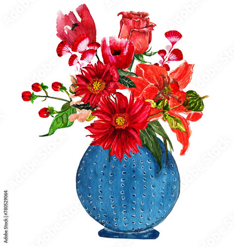 Vaso azzurro con bouquet di fiori rossi, illustrazione ad acquerello