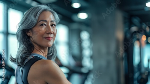 Asian woman with gray hair smiling in gym setting with blurred equipment in background.