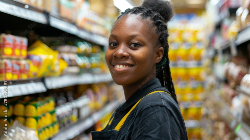 Smiling woman in a supermarket aisle wearing a black shirt with yellow trim surrounded by various packaged goods. Smiling woman in a supermarket aisle wearing a black shirt with yellow trim surrounded by various packaged goods.