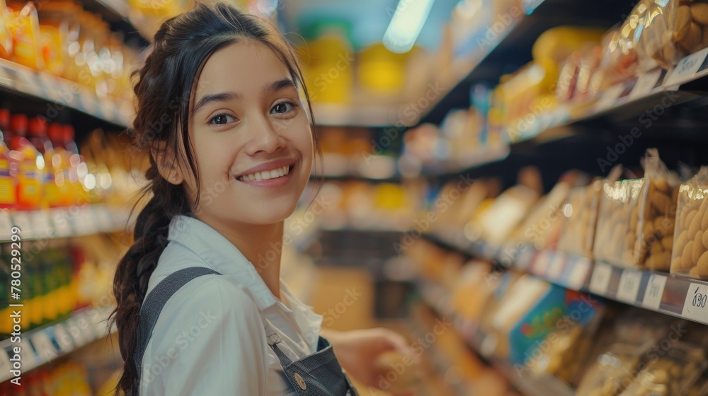 Smiling young woman in a grocery store aisle wearing a white shirt and apron surrounded by various food products.