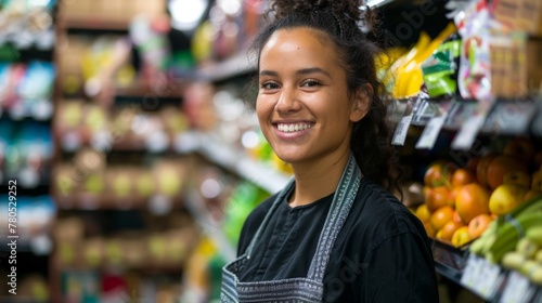 Smiling woman in apron standing in a grocery store aisle with fresh produce in the background.