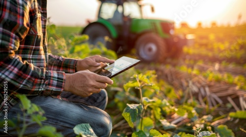 A farmer using a tablet com puter in a field with a tractor in the background during sunset. photo