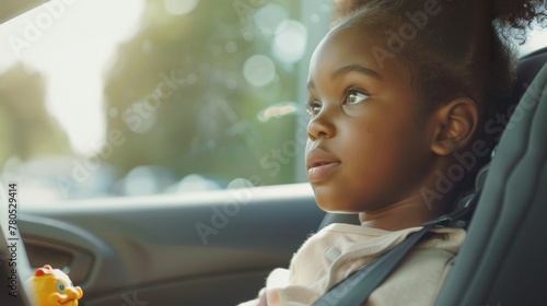Young child sitting in car seat looking out window with curiosity wearing light-colored top car interior with blurred background.