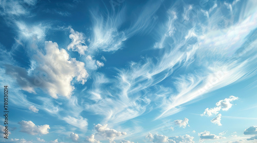 Blue sky and white cirrocumulus clouds texture background. Blue sky on sunny day. Summer sky. Cloud formation. Fluffy clouds. Nice weather in summer season.  photo