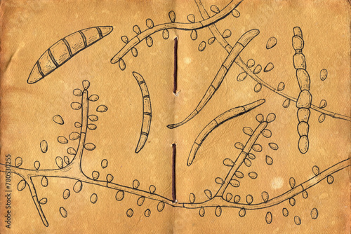 Hand-drawn illustration of Trichophyton verrucosum fungi on aged paper, reminiscent of medieval medical drawings, merging artistry with mycological depiction. Cattle ringworm fungus.
