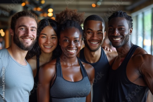 Diverse group of people smiling and posing for a photo in a fitness gym, looking at the camera