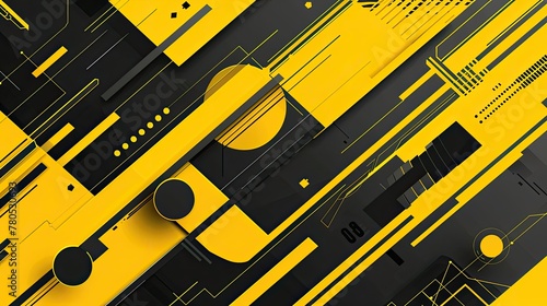 Immerse yourself in tech elegance with an abstract cyber geometric design showcasing a yellow-black-grey palette and seamlessly blending futuristic shadows