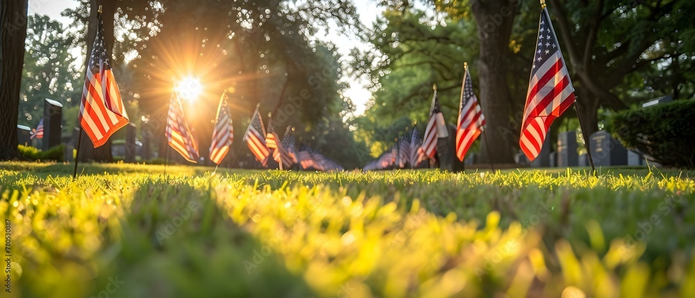 Sunrise Salute: A Tranquil Tribute to Veterans. Concept Veterans Day, Sunrise Ceremony, Peaceful Tribute, Military Honors, Gratitude Sunrise - obrazy, fototapety, plakaty 
