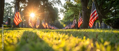 Sunrise Salute: A Tranquil Tribute to Veterans. Concept Veterans Day, Sunrise Ceremony, Peaceful Tribute, Military Honors, Gratitude Sunrise