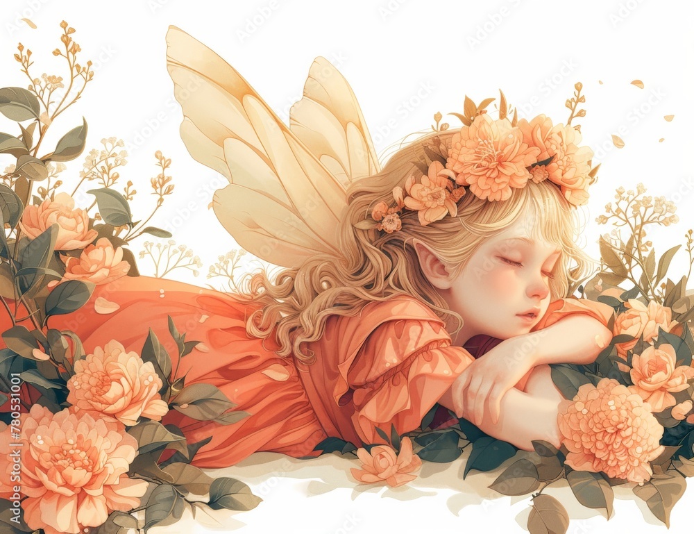 Peaceful slumber in a blooming meadow a sweet illustration of a girl sleeping surrounded by flowers