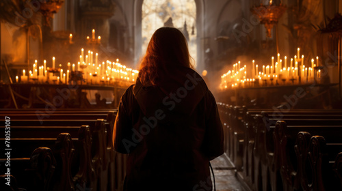person in church or cathedral with candles © mimadeo