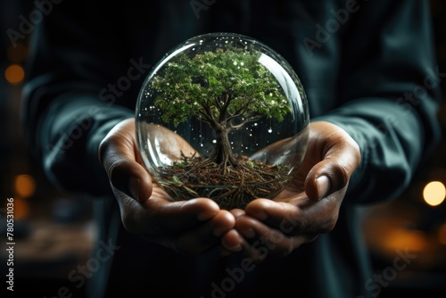 Hand holding plant tree in glass or globe