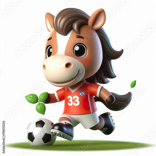 Cute character 3D image of a cute Horse with simple football clothes playing a ball  funny  happy  smile  white background