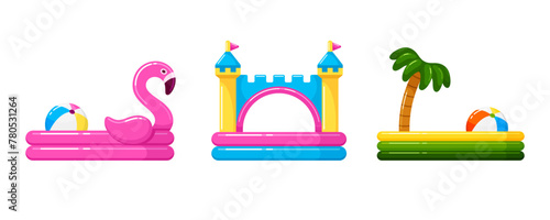 Kids inflatable pools for summer beach party or playground. Rubber paddling pools in shape of pink flamingo, castle and ring with palm with ball floating in water, vector cartoon illustration