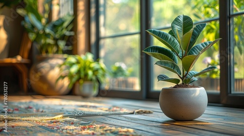 House Plant decoration. Rubber Plant, Indian Rubber Tree, Ficus Elastica in white pot with floor mirror near the glass door in cafe and restaurant background