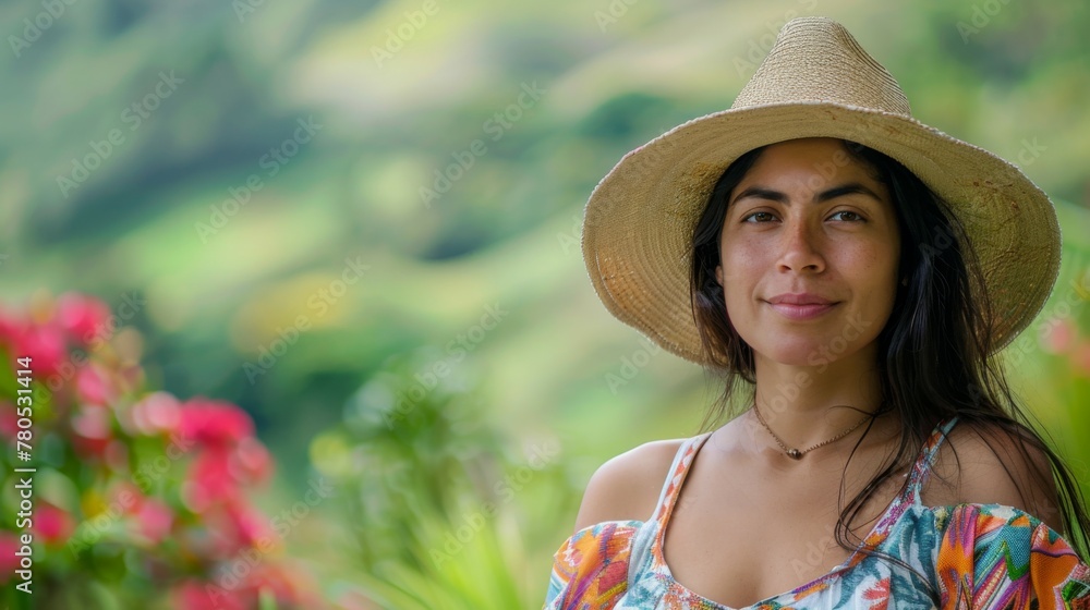 Portrait of a smiling woman from Colombia wearing a hat in nature