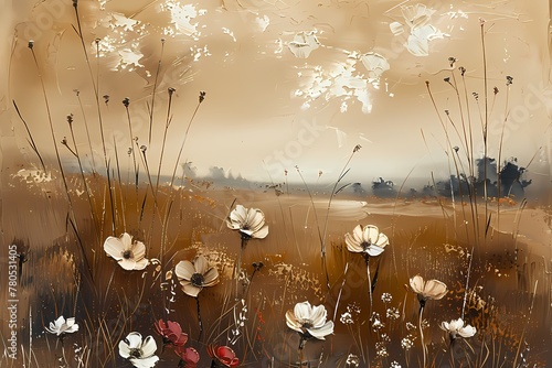  Abstract oil  painting features  neutral tone  flower filed wall art,  Moody vintage farmhouse luxury nature, digital art printing, background, wallpaper