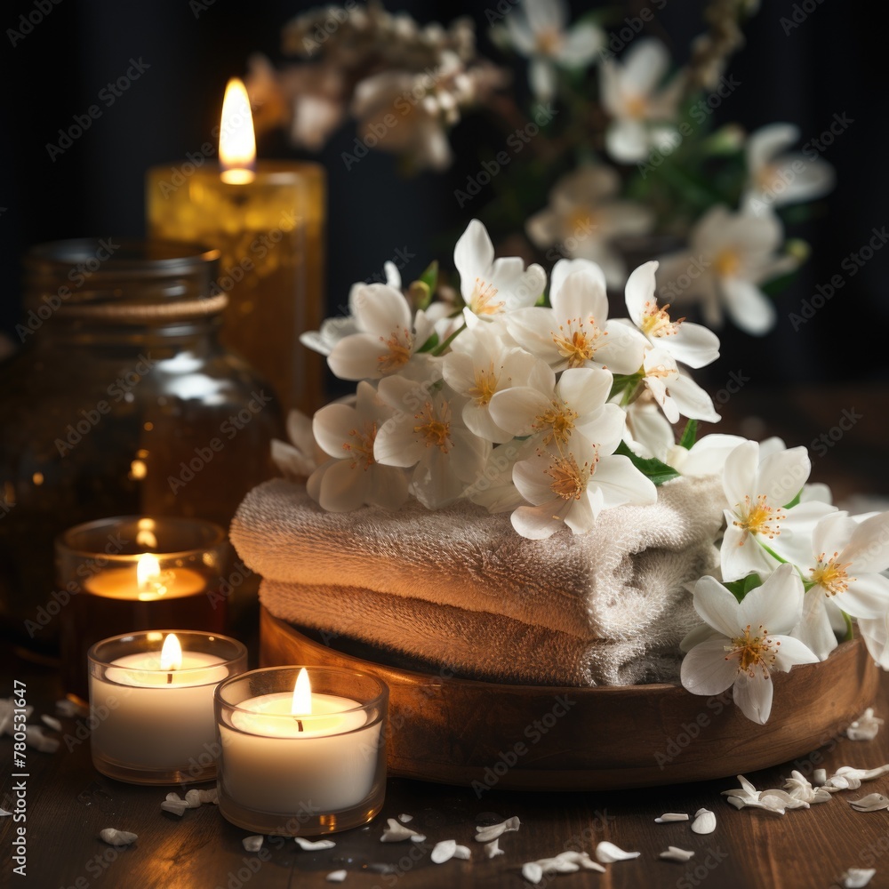 Jasmine essential oil candles and towels flowers night view