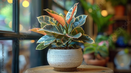 House Plant decoration. Rubber Plant, Indian Rubber Tree, Ficus Elastica in white pot with floor mirror near the glass door in cafe and restaurant background