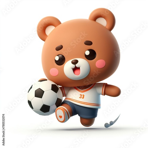Cute character 3D image of a cute bear with simple football clothes playing a ball  funny  happy  smile  white background