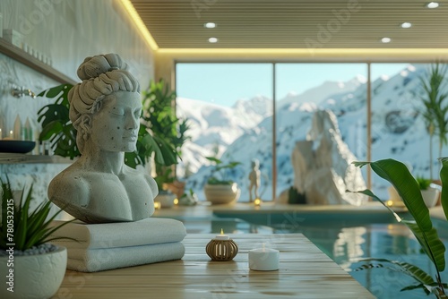 Luxurious Spa Retreat with Classical Bust and Snowy Mountain View Through Panoramic Windows photo