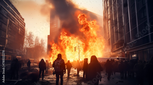 Scene of explosions in the city, People running away, escaping, shocked, traffic jams, Disaster, end of the world, The background is a building that caught fire photo