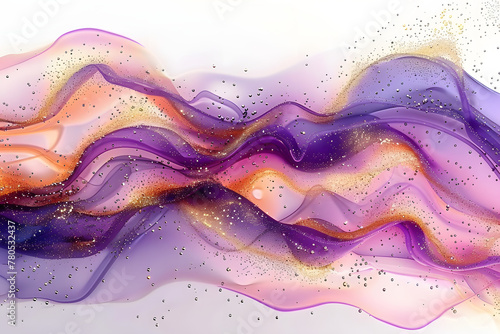 a computer generated image of a wave of purple and pink liquid with gold flecks and glitters on top of it, on a white background with a white backdrop.