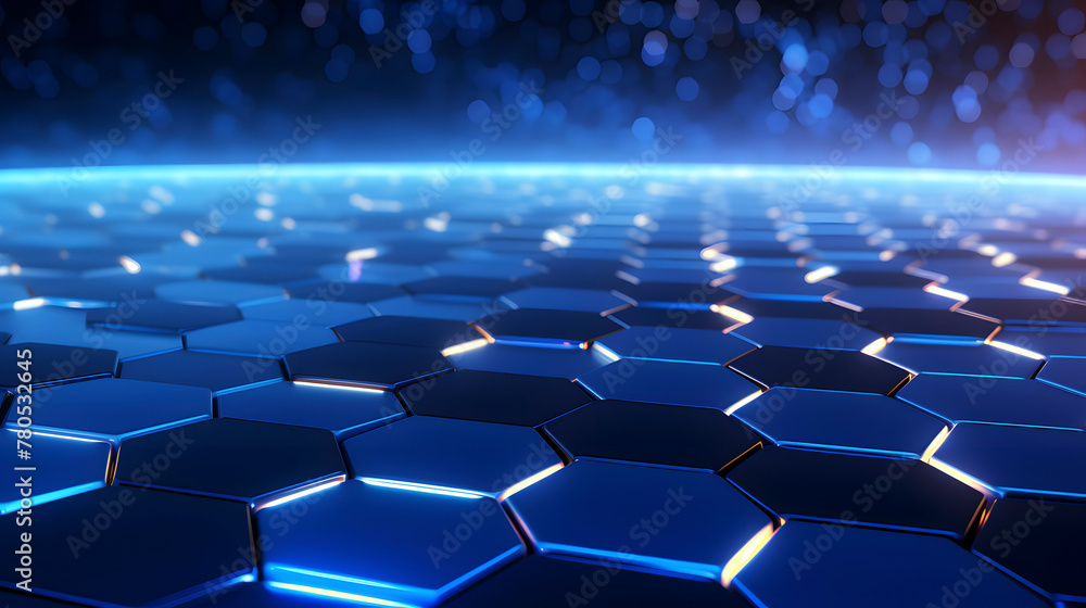 Fototapeta premium Digital blue glowing hexagon geometric figure poster web page PPT background