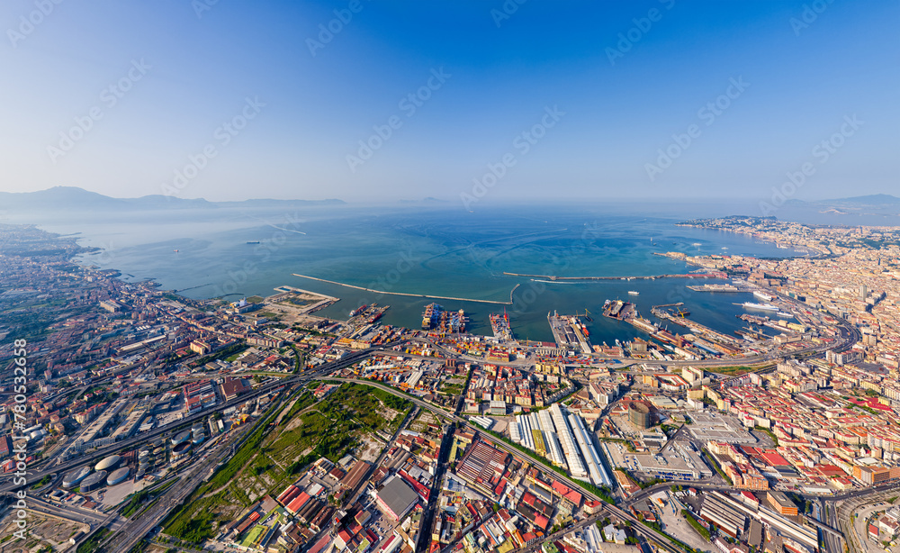 Naples, Italy. Neopolitan Bay with ships. Panorama of the city on a summer day. Sunny weather. Aerial view