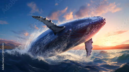A big whale emerges from water in the sea, splash, Turn around, showing, blue and orange sky, dark blue sea