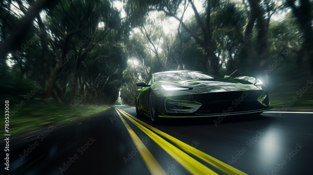 Obraz premium Electric car drive on road. Electric car driving on the road with green nature. Electric car and EV electrical energy for environment. Ecosystem, Healthy environment