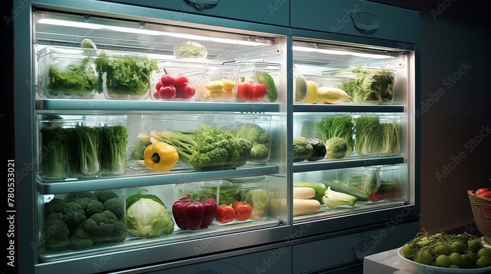 Healthy food options inside a refrigerator. Scenes that highlight a ...